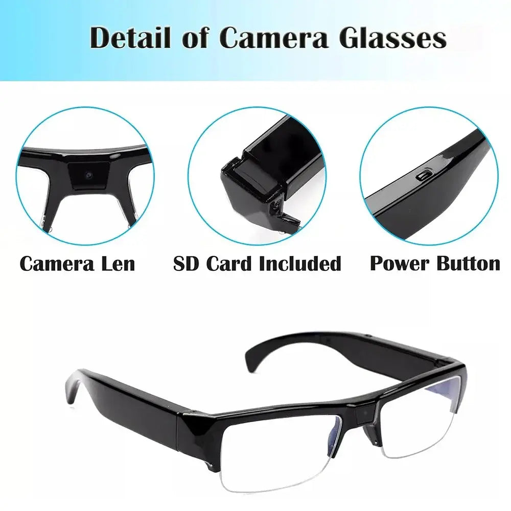 Black camera glasses with visible side panel details, power button, and front lens