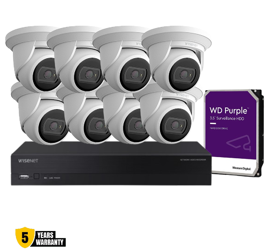 WISENET A Series 8X Camera Kit WISENET Hanwha Vision CT-ARN-810S 8CH CT-ANE-L7012R Hanwha Vision 4MP H.265 NW IR Flateye Camera CCTV Kit