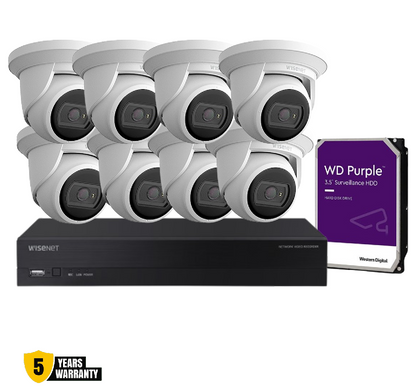 WISENET A Series 8X Camera Kit WISENET Hanwha Vision CT-ARN-810S 8CH CT-ANE-L7012R Hanwha Vision 4MP H.265 NW IR Flateye Camera CCTV Kit