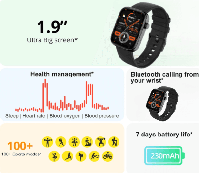 Black voice-activated smartwatch with fitness display and rubber sport band
