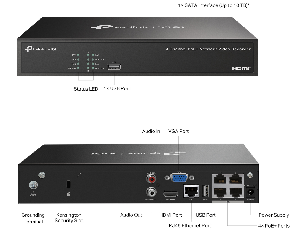 TP-Link VIGI NVR1004H-4P 4 Channel PoE+ Network Video Recorder – 4K HDMI Output, 53W PoE Budget, H.265+, 10TB HDD Support