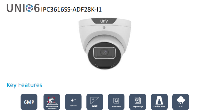 Uniview AcuTrack UNI6 PRIME-II 6MP AI Turret IP Camera with People Counting, 2.8mm Fixed Lens, LightHunter IR 40m, IP67, IPC3616SS-ADF28K-I1