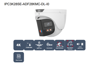 Uniview IPC3K28SE-ADF28KMC-DL-I0 4K 8MP ColorHunter Omniview Turret Network Camera with Warning Light & Speaker, Triguard, Prime-3