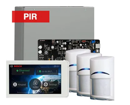 Bosch Solution 4000 Alarm Kit with ICP-SOL4-P Panel, IUI-SOL-TS5 Touchscreen Keypad, 3x ISC-BPR2-W12 PIR Detectors & Siren Kit – K4000-3PIR-TS