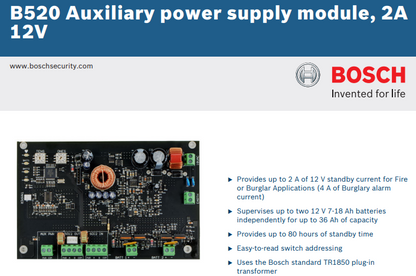 Bosch B520 Auxiliary Power Supply Module – 12V DC, 2A for Solution 4000 and Compatible Bosch Security Panels