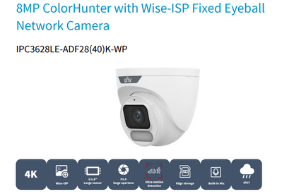 Uniview IPC3628LE-ADF28K-WP 8MP OWLVIEW Turret 2.8mm Fixed Lens Network Camera 4K 8MP CCTV Camera with ColorHunter & Wise-ISP