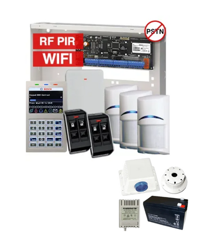 BOSCH Solution 6000 Wireless Alarm Kit – CC615PB IP Panel + CP737B WiFi Prox LCD Keypad + 3x RFPR-12 Wireless PIRs + RFRC-STR2 Receiver + 2x RFKF-FB Remotes + Siren Kit – K6000-IPW-3WPIR