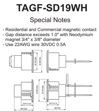 TAGF‑SD19WH Flush‑Mount Steel‑Door Magnetic Contact (Reed Switch) – White, Normally Closed, 3/4″ Diameter, 1½″ Wide Gap, 12″ Leads
