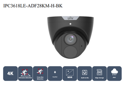 Uniview IPC3618LE-ADF28KM-H-BK 8MP HD IR Fixed Eyeball Network Camera – Ultra 265, 30m Smart IR, PoE, Built-in Mic, 2.8mm Wide Angle, IP67, 512GB SD Card Support (Easy Series)