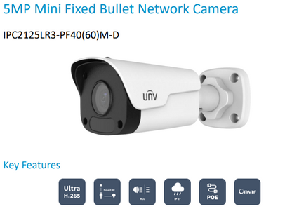 Uniview IPC2125LR3-PF40M-D / IPC2125LR3-PF60M-D 5MP Mini Fixed Bullet Network Camera – Smart IR 30m, IP67, Ultra 265, PoE, 4mm or 6mm Lens, DWDR, Compact Outdoor Surveillance (Easy Series)