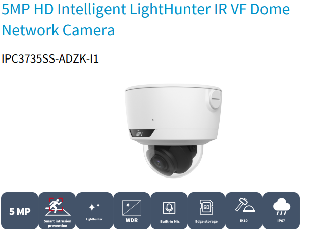 Uniview IPC3735SS-ADZK-I1 5MP LightHunter IR Varifocal Dome Network Camera, 2.8mm, SD Card, WDR, Warm Light 40m, Built-in Mic, Prime Series