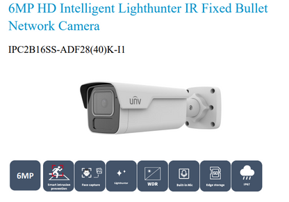 Uniview IPC2B16SS-ADF28K-I1 6MP LightHunter IR Fixed Bullet Network Camera, 2.8mm, SD Card, WDR, IR 80m, Built-in Mic, Prime Series