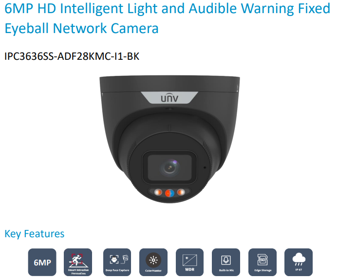 Uniview IPC3636SS-ADF28KMC-I1-BK 6MP Triguard Smart Eyeball Dome Camera with Audible and Visual Warning – Black, IP67, PoE