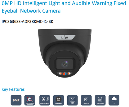 Uniview IPC3636SS-ADF28KMC-I1-BK 6MP Triguard Smart Eyeball Dome Camera with Audible and Visual Warning – Black, IP67, PoE