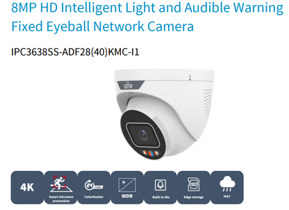 Uniview IPC3638SS-ADF28KMC-I1 8MP Triguard Smart Eyeball Network Camera – Fixed Dome with Audible/Visual Alarm, PoE, IP67 Rated, (Black/White)