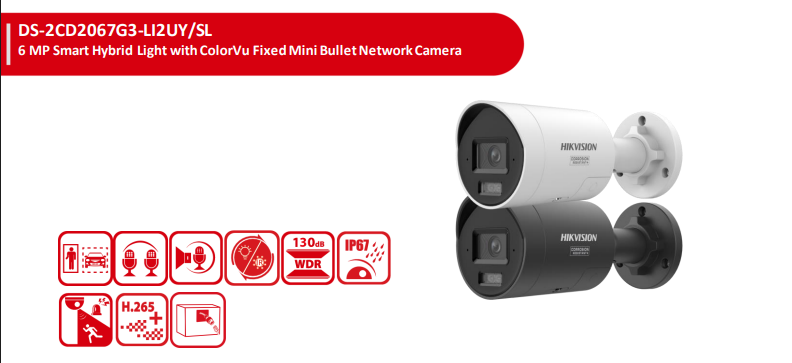 Hikvision DS-2CD2067G3-LI2UY/SL 6MP ColorVu Smart Hybrid Light Fixed Bullet Network Camera with Two-Way Audio, Strobe Alarm, IP67 & NEMA 4X