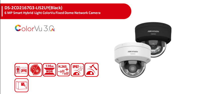 Hikvision DS-2CD2167G3-LIS2UY 6MP Smart Hybrid Light ColorVu Fixed Dome Network Camera with Dual Microphone, IP67, IK10 & NEMA 4X