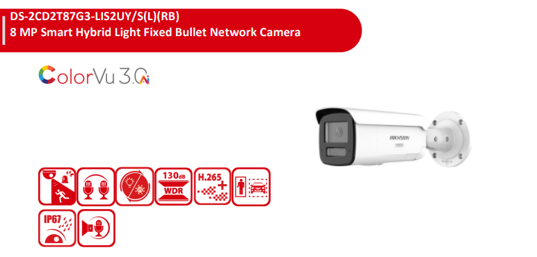 Hikvision DS-2CD2T87G3-LIS2UY/SL 8MP Smart Hybrid Light ColorVu Fixed Bullet Network Camera with Two-Way Audio, Strobe Alarm, IP67 & NEMA 4X