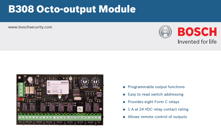 Bosch B308 Octo-Output Expansion Module – 8 Programmable Relays for Solution 2000/3000/4000 Alarm Panels