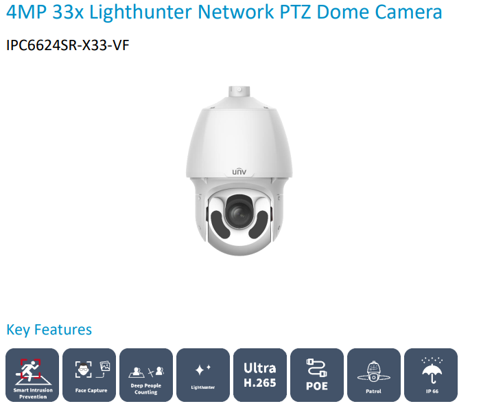 Uniview IPC6624SR‑X33‑VF 4MP 33× Lighthunter PTZ IR Network Dome Camera – H.264/5, WDR, PoE+, IP66, SD up to 256 GB