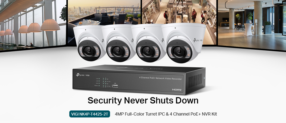 TP‑Link VIGI NK4P‑T4425‑2T 4 MP Full‑Color Turret IP Camera & 4‑Channel PoE+ NVR Camera Kit – Plug‑and‑Play, 2 TB HDD, Human/Vehicle AI, IP67, 30 m IR & White Light