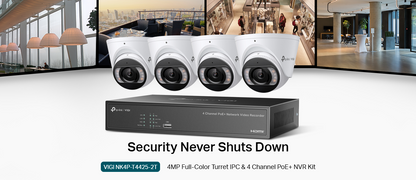 TP‑Link VIGI NK4P‑T4425‑2T 4 MP Full‑Color Turret IP Camera & 4‑Channel PoE+ NVR Camera Kit – Plug‑and‑Play, 2 TB HDD, Human/Vehicle AI, IP67, 30 m IR & White Light