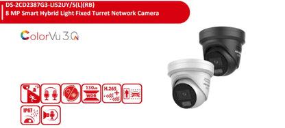Hikvision DS-2CD2387G3-LIS2UY/SRB 8MP ColorVu Smart Hybrid Light Fixed Turret Network Camera with Blue & Red Strobe, Two-Way Audio, AI Human & Vehicle Detection, IP67, NEMA 4X (White/ Black)