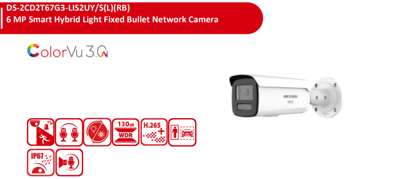 *NEW Hikvision DS-2CD2T67G3-LIS2UY/SL (L)(RB) – 6MP ColorVu 3.0 Smart Hybrid Light Bullet Network Camera with Strobe, Mic & Speaker CCTV