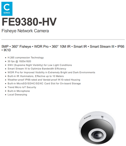VIVOTEK FE9380-HV 5MP 360° Outdoor Fisheye Network Camera with Smart IR, WDR Pro, Local Dewarping, IP66/IK10, H.265, and Built-in Microphone