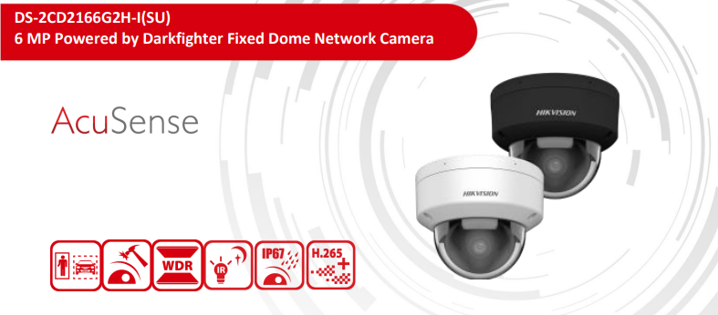 Hikvision DS‑2CD2166G2H-I 6 MP DarkFighter Fixed Dome Network Camera with Built-in Microphone, IP67/IK10, Deep Learning Analytics