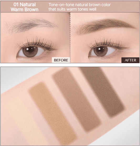 Warm brown brow powder swatches with before-and-after eye looks and blended results