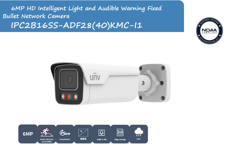 Uniview IPC2B16SS-ADF28KMC-I1 6MP Triguard Smart Bullet Camera with Intelligent Warning Light & Audio – IP67 Outdoor Protection