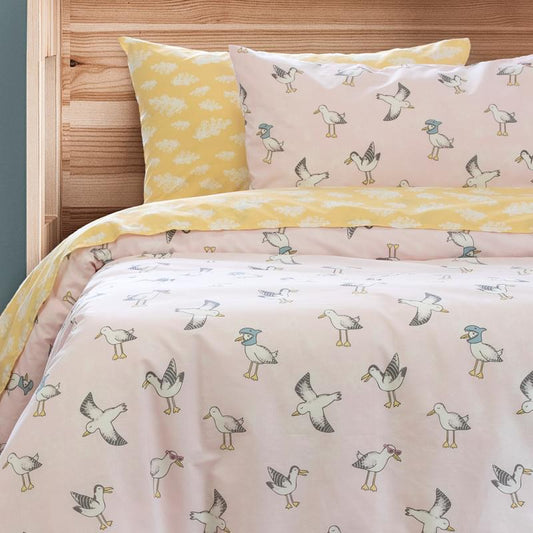 Single quilt cover set with white and yellow bird print, matching pillowcases