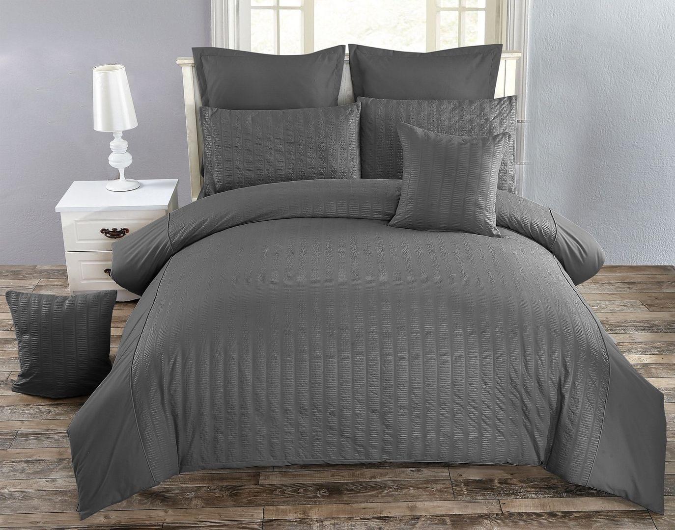 Charcoal seersucker duvet quilt cover set with pillow shams