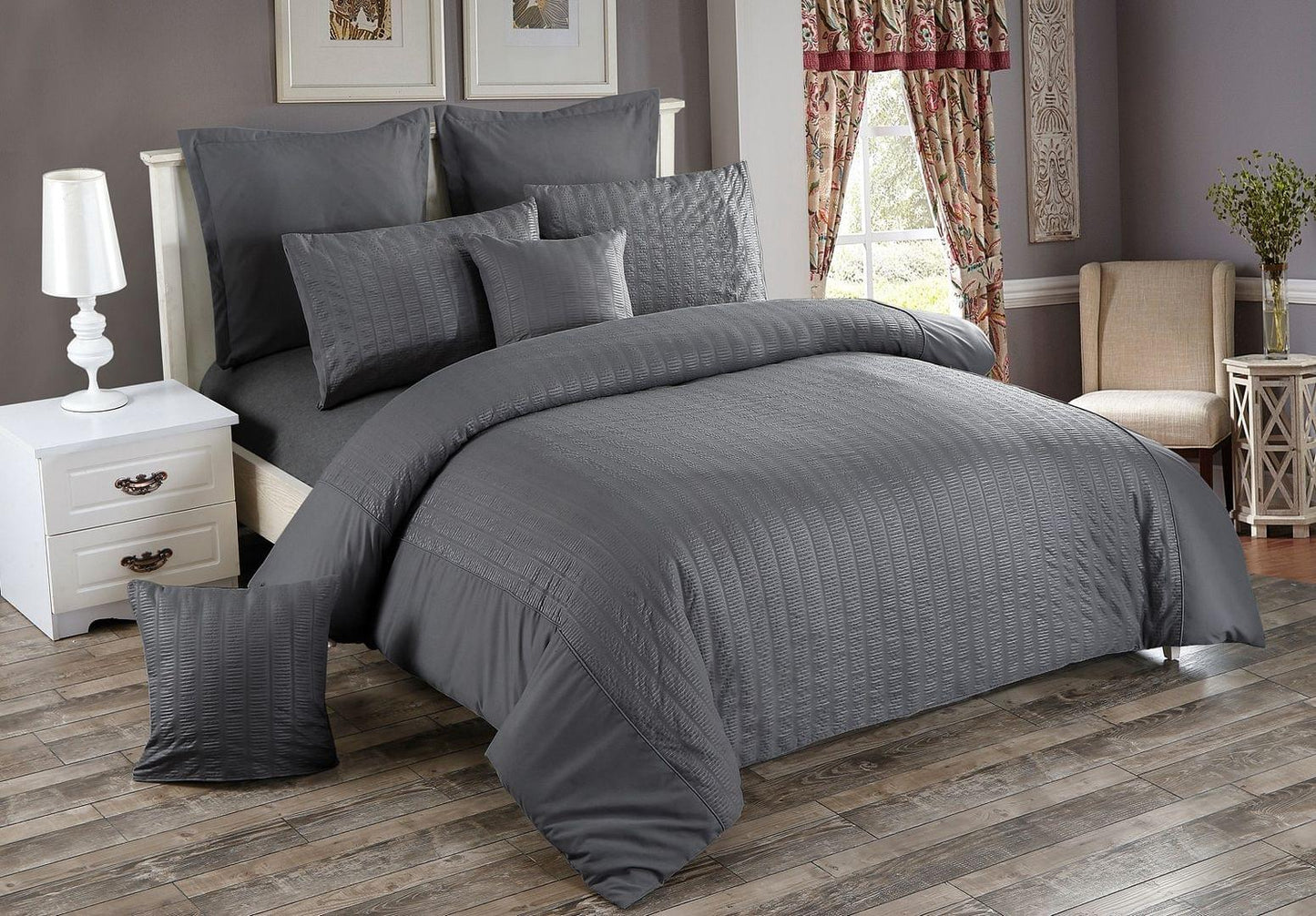 Charcoal seersucker duvet quilt cover set with pillow shams and draped cover