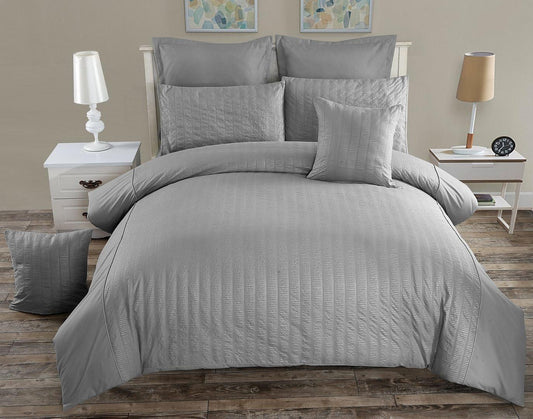 Grey seersucker duvet quilt cover set with matching pillow shams