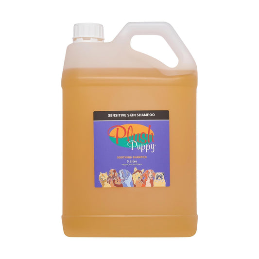 Plush Puppy sensitive skin shampoo bottle with white cap, amber bottle