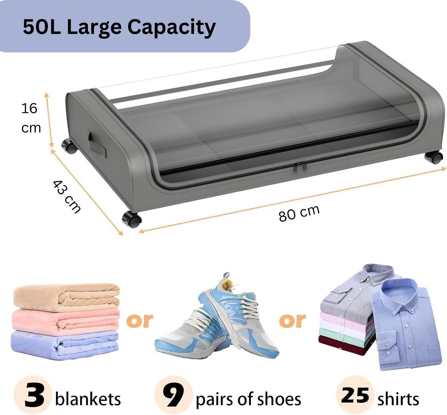 Set 2 Pcs XXL Under Bed Rolling Storage Containers with 50L Large Capacity and Wheels