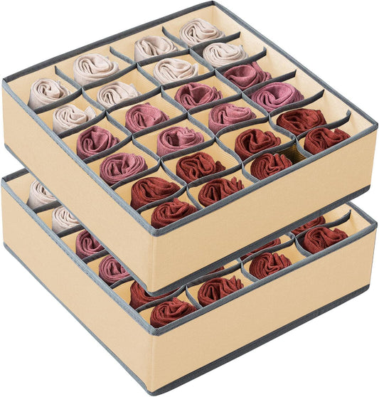 Beige fabric drawer organizer boxes with grid dividers holding folded socks and underwear