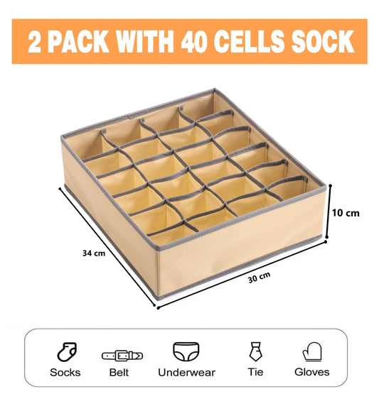 Beige fabric drawer organizer with square grid cells for sorting socks and underwear