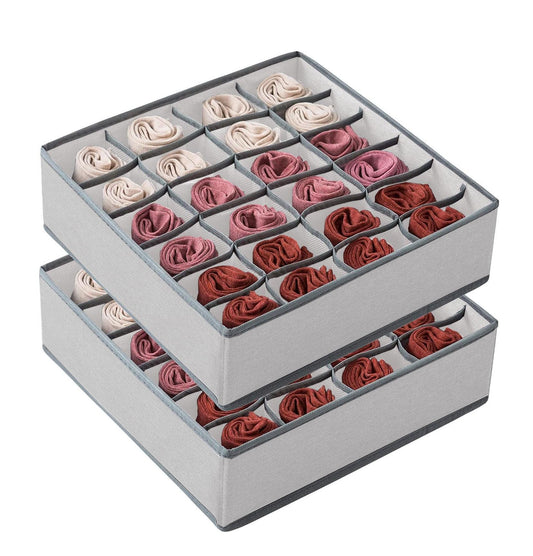 Grey fabric drawer organizer set with divided compartments for folded socks