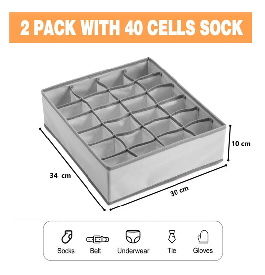 Grey fabric drawer organizer box with grid dividers and open top for small items