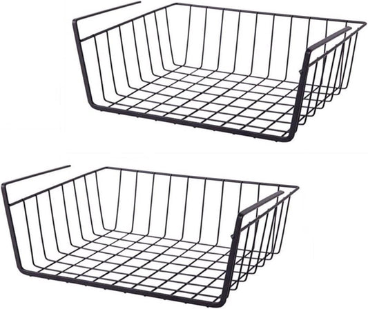 Black metal hanging basket organizer with wire grid base and open front frame