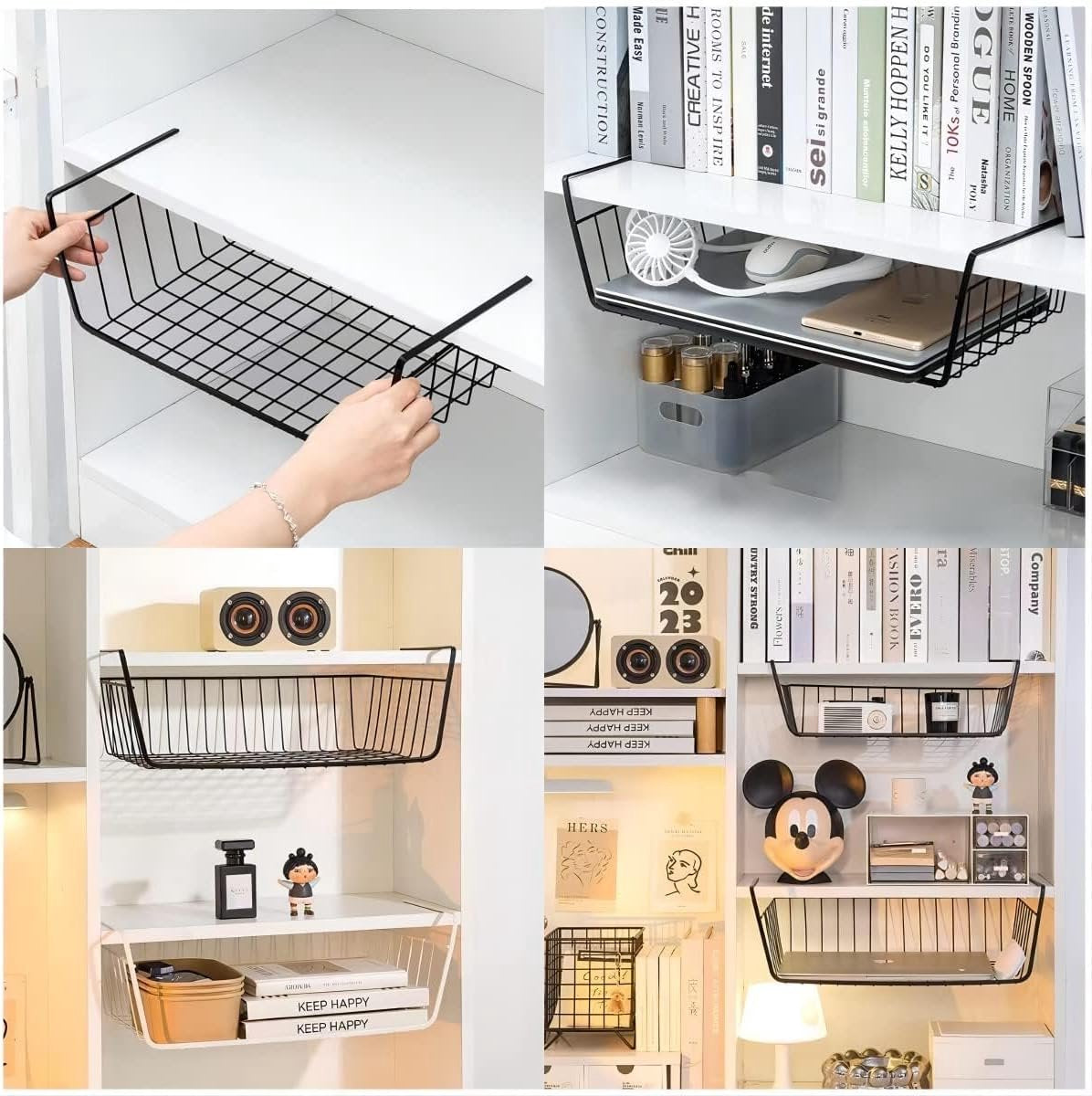Set of 2 removable metal hanging baskets - organizer - closet hanging basket - suitable for desks, kitchens, refrigerators, bathrooms, cabinets, cupboards - storage - black
