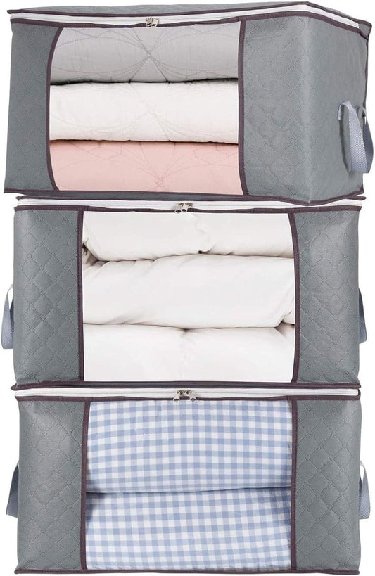 Set of three grey zippered storage bags with clear window, handles, and quilted sides
