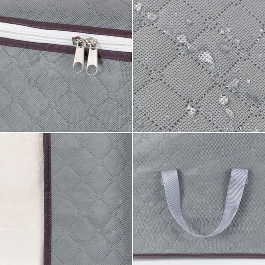Grey storage bag zipper with metal pulls and quilted diamond fabric