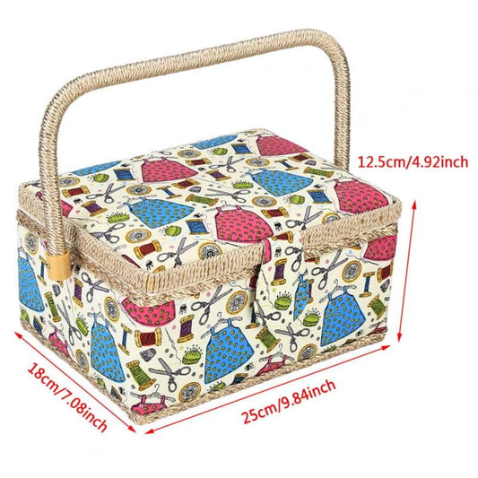 Sewing accessories basket with handle, colorful sewing-tools print, rope-trim edges