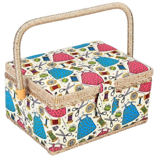 Sewing accessories basket with removable tray, patterned fabric, rope handles
