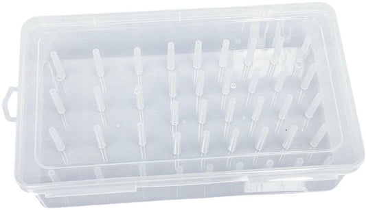 Clear plastic sewing thread storage box with divided compartments and thread holders