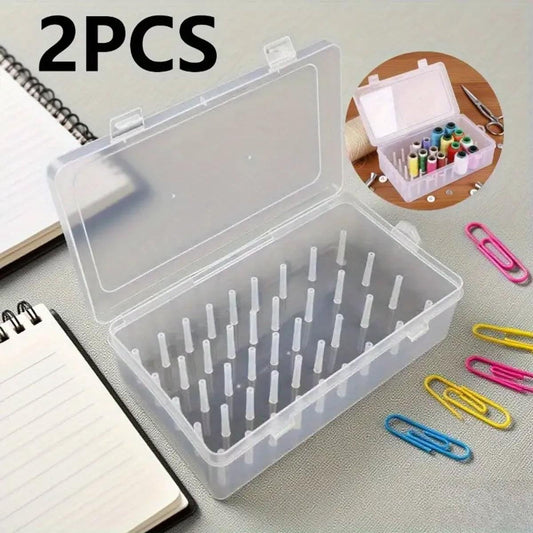 Clear 2-compartment sewing thread organizer box with snap-open lid and thread spindles